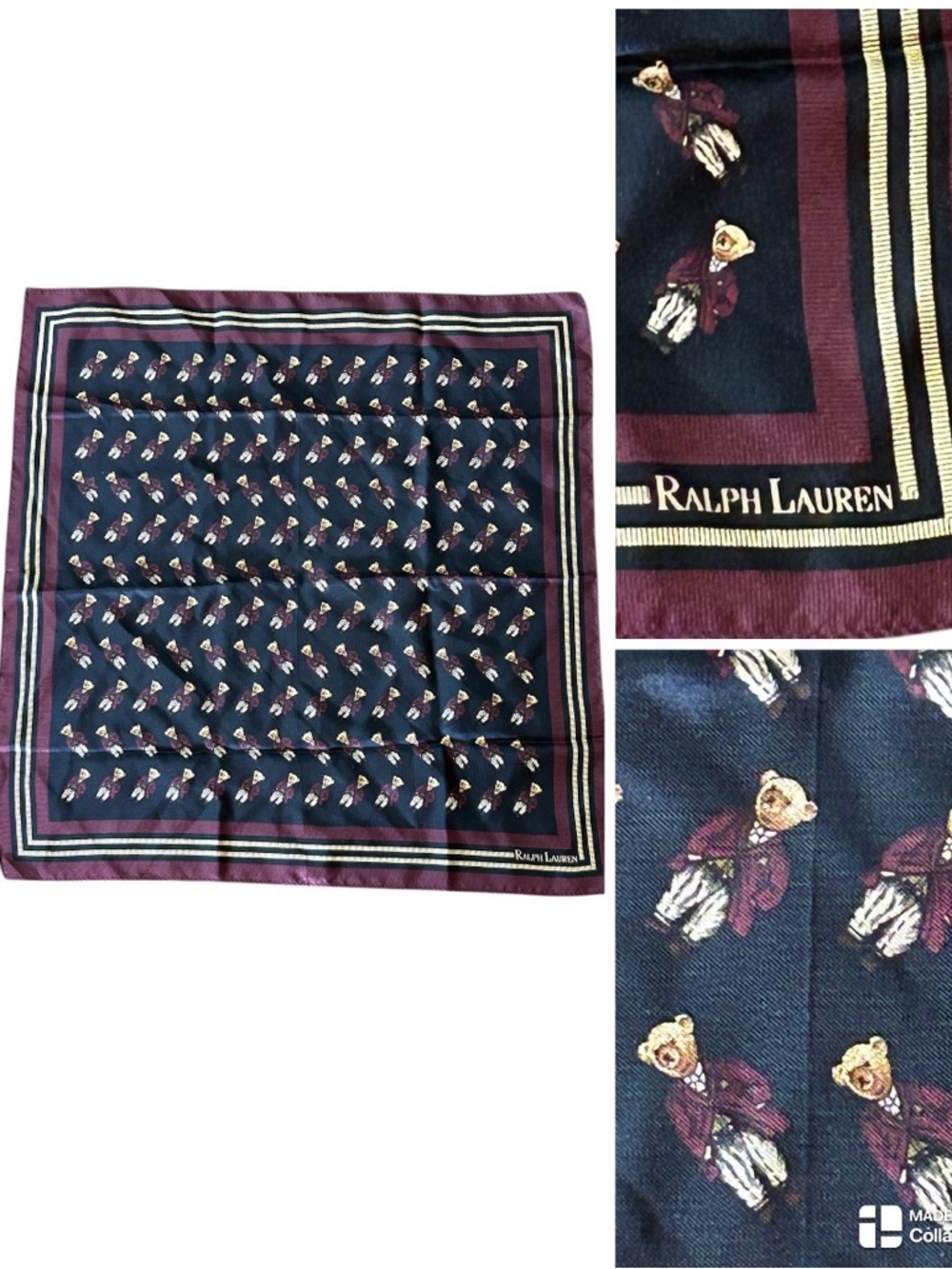 Ralph Lauren vintage Navy & Burgundy Teddy Bear Silk Square Scarf